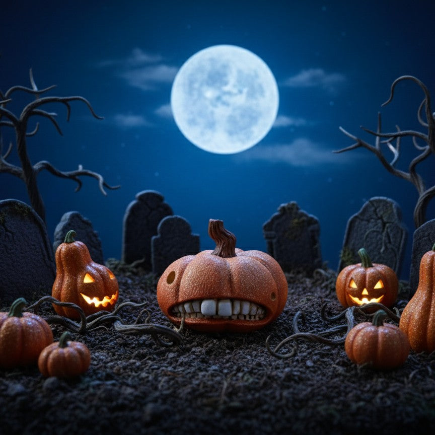 Grumpkin pumpkin-headed Flobbazoid figurine with visible teeth in pumpkin patch in graveyard