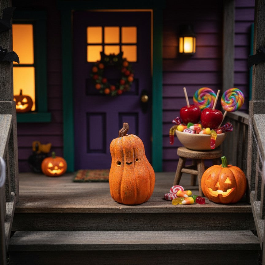Halloween-themed porch with pumpkins, candy, and a purple door.