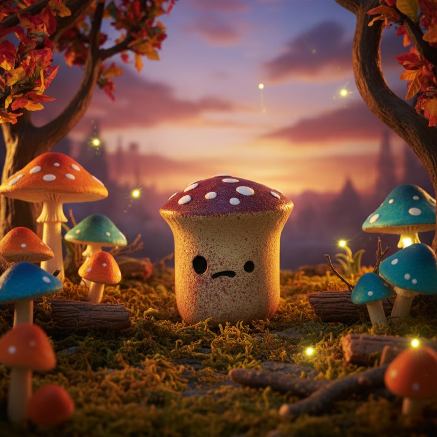 Colorful mushrooms with a sad expression in a fantasy forest at sunset.