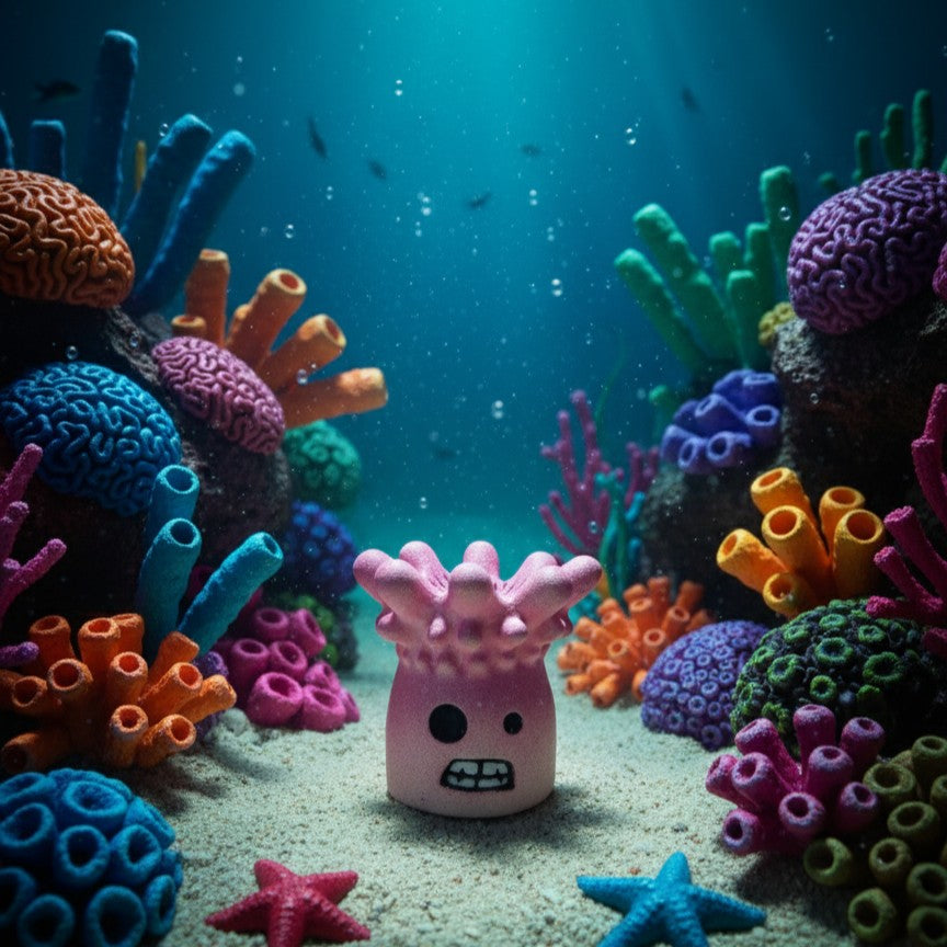 Pink cartoonish coral with a surprised expression on a colorful underwater coral reef.