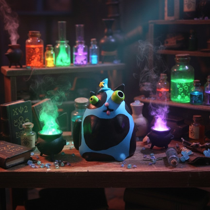 Colorful potion bottles and a glowing cat figure object on a mystical table.