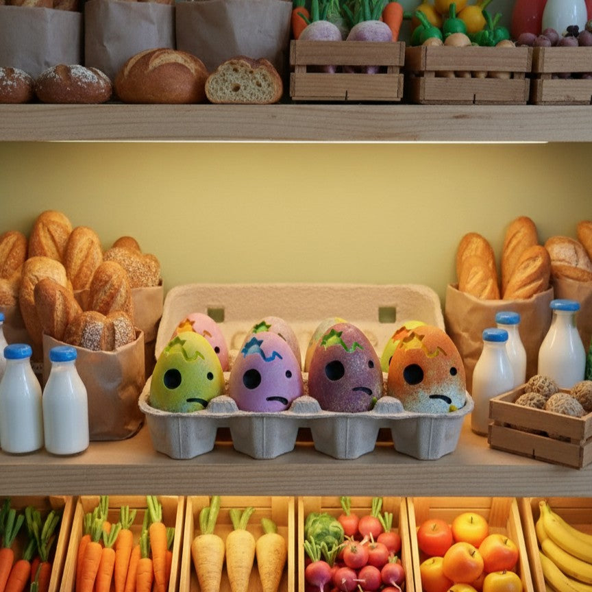 egg head toy in carton, shop setting, miniature