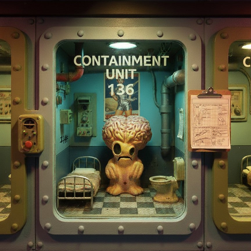 Containment unit with a creature inside, resembling a brain with eyes and limbs, in a sci-fi or fantasy setting.