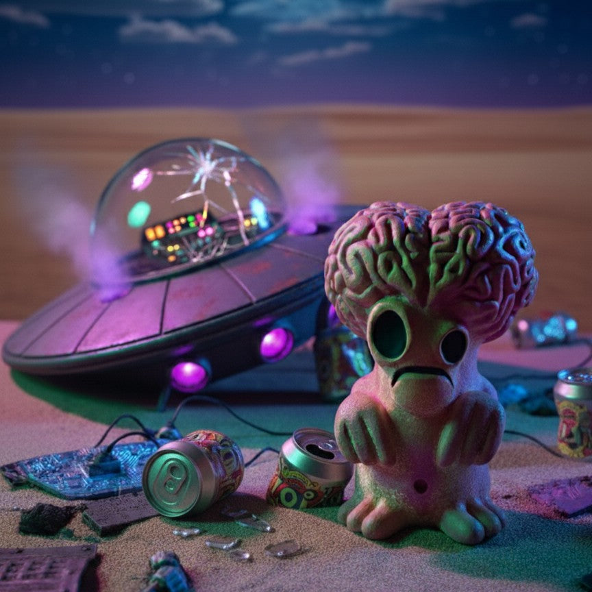 alien by crashed ship, figurine, miniature