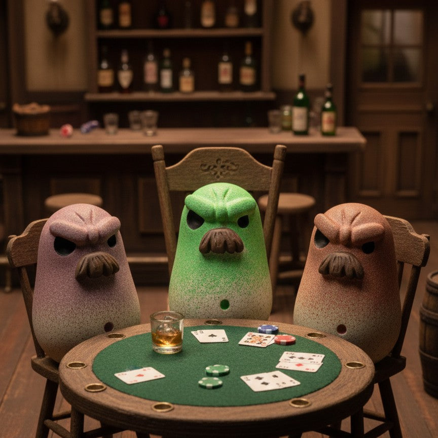 Three bean characters with mustaches sitting around a poker table in a bar setting.