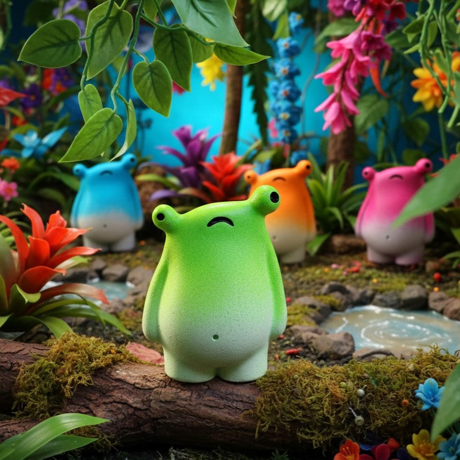 Colorful frog-like figurines in a vibrant, animated-style garden setting with flowers and plants.