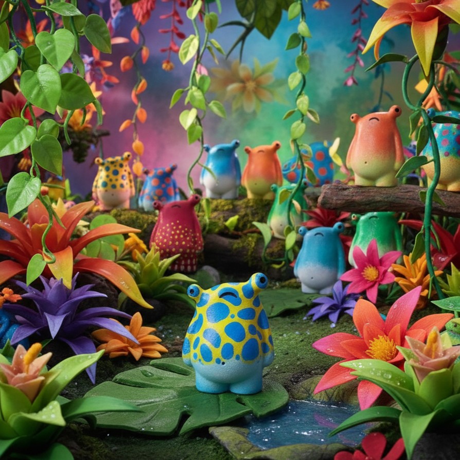 Colorful frog-like creatures in a vibrant, animated garden setting with flowers and plants.