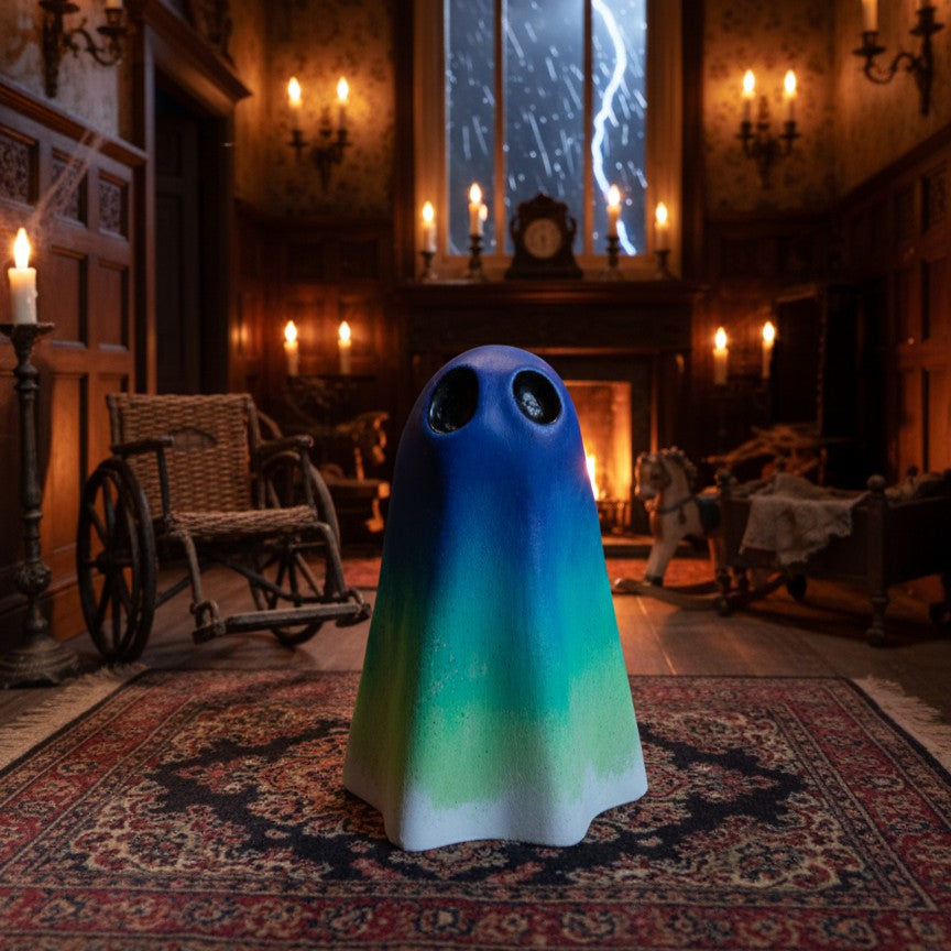 ghost shaped art toy in spooky haunted mansion. miniature style