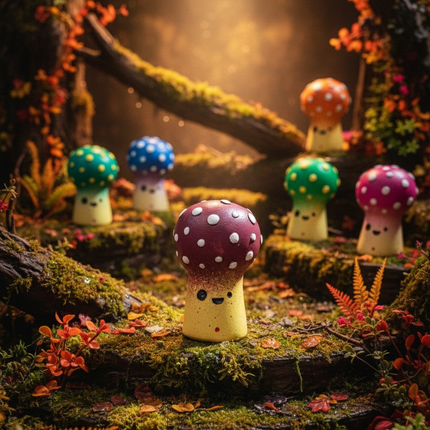 Colorful mushroom figurines with polka dot patterns on a mossy forest floor.